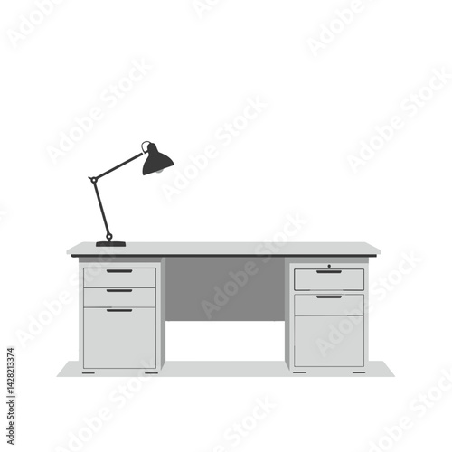 Modern desk with lamp in minimalistic style on white background  