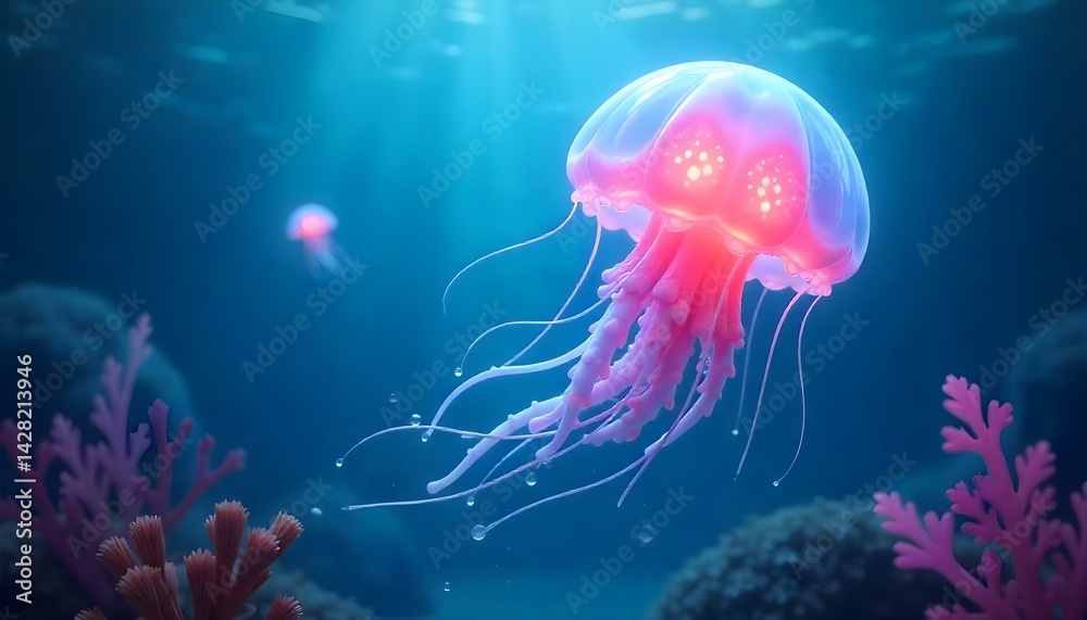 A jellyfish with pink and white colors, long tentacles, swimming in the ocean, another jellyfish in the background, coral reefs on the bottom A jellyfish with pink and white colors, long tentacles, swimming in the ocean, another jellyfish in the background, coral reefs on the bottom