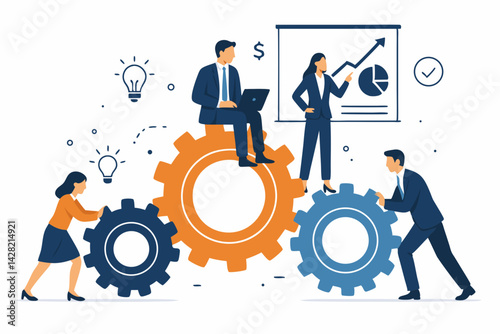 Flat Vector Illustration Showing Business Teamwork Mechanism, Colleagues Pushing Gears, Analyzing Financial Growth Data, and Collaborating for Project Success Strategy Concept