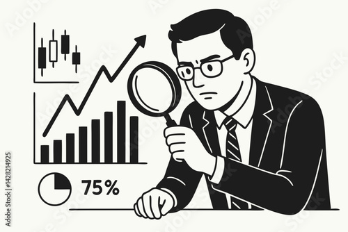Financial analyst businessman meticulously examining economic trends and data charts with a magnifying glass. Vector line art illustration for business growth, investment strategy, market research.