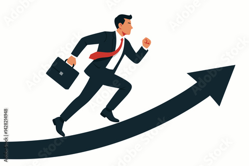 Determined businessman with briefcase running fast along an upward arrow, representing ambitious career path, financial growth, market success, and forward momentum vector graphic.