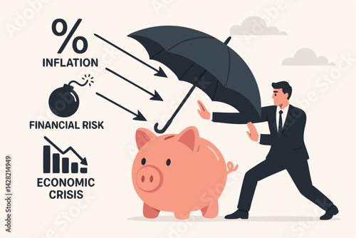 Financial Protection Concept Vector: Businessman with Umbrella Shielding Piggy Bank from Economic Risks, Inflation Threats and Market Crisis - Business Safety Metaphor Illustration