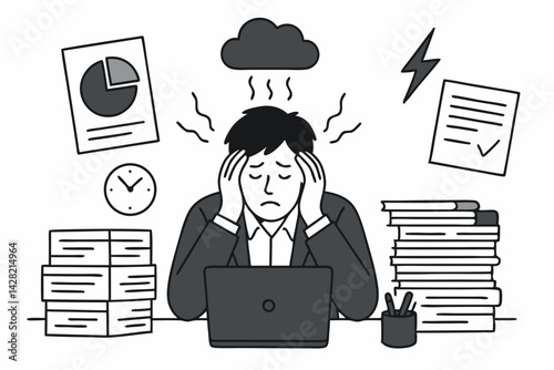 Overwhelmed businessman suffering from work stress and burnout. Simple vector illustration of a stressed office worker facing deadline pressure, anxiety, and heavy workload at his desk.