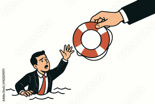 Business Crisis Management Concept Vector Illustration with Businessman Drowning in Water Reaching for Life Preserver Ring Rescue Help Support from Corporate Hand Safety Emergency Assistance