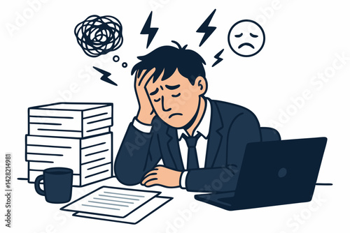 Burnout concept illustration: Stressed, tired businessman sitting at office desk with laptop and too much paperwork, depicting fatigue, pressure, anxiety, and mental exhaustion vector.