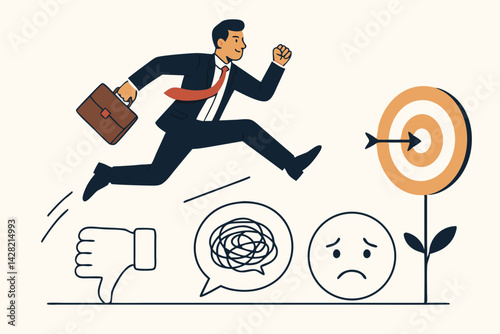 Professional Businessman Leaping Towards Success Target, Overcoming Negative Feedback and Confusion, Business Achievement Concept and Goal Oriented Mindset Vector Illustration