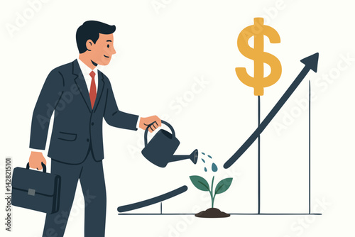 Business Growth Investment Concept Vector Illustration with Professional Businessman Watering Plant Seedling Near Financial Chart with Dollar Symbol and Upward Arrow for Financial Success