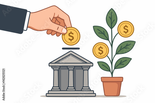 Financial Investment Growth Vector Illustration with Businessman Hand Depositing Gold Coin into Bank and Money Plant, Wealth Management and Banking Concept for Financial Advisors and Investors