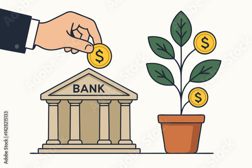 Financial Growth Concept Vector: Hand Depositing Gold Coin in Bank with Money Plant Growing Dollar Fruits, Flat Design Illustration for Investment, Savings, Wealth Management, Banking and Finance