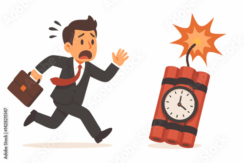Businessman Running Away from Time Bomb with Ticking Clock, Deadline Pressure Cartoon Vector Illustration for Business Stress, Project Management, Time Crisis and Work Panic Concept