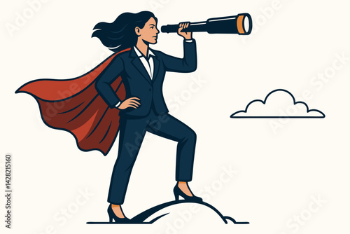 Powerful Female Business Visionary with Telescope and Red Cape Vector Illustration, Professional Woman Leader Looking Forward to Future Opportunities, Corporate Leadership Concept
