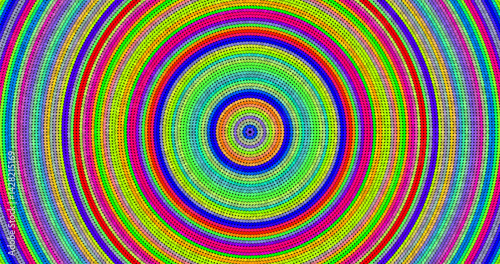 Bright concentric circle pattern with rainbow palette. Style: op art, psychedelic, digital abstraction.ps