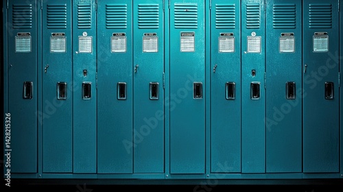 Row of teal lockers in a school hallway. photo