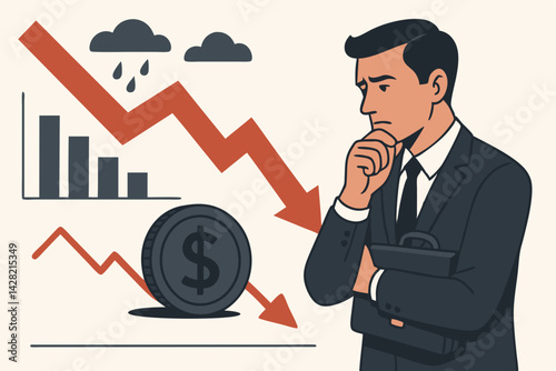 Business Recession Vector Illustration with Worried Businessman Contemplating Financial Downturn, Economic Crisis Graph with Declining Arrow, Dollar Symbol, and Storm Clouds Representing Market Crash