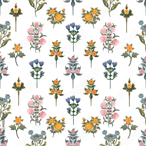 Fototapeta Naklejka Na Ścianę i Meble -  Seamless pattern hand drawn on light background. Cute watercolor pattern with flowers of different colors