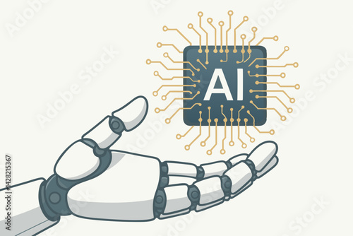 Futuristic Robotic Hand Holding AI Microchip with Circuit Board Connections, Modern Technology Concept for Machine Learning, Automation, Digital Intelligence and Neural Networks Vector Illustration