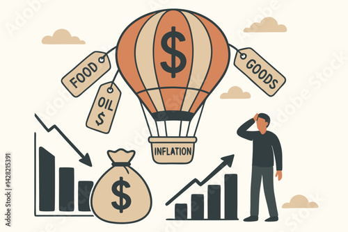Economic Inflation Concept Vector Illustration with Hot Air Balloon, Rising Prices for Food, Goods, Oil, Financial Charts, Money Bag, and Worried Person, Flat Design for Business Presentations