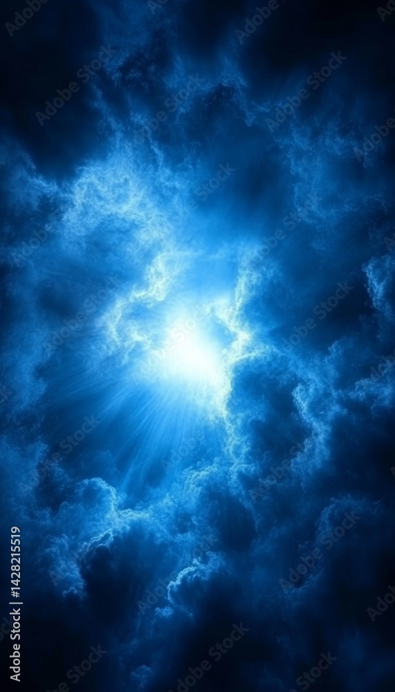 Obraz premium Breakthrough of Light, Dramatic Dark Blue Sky with Storm Clouds and a Glimmer of Hope