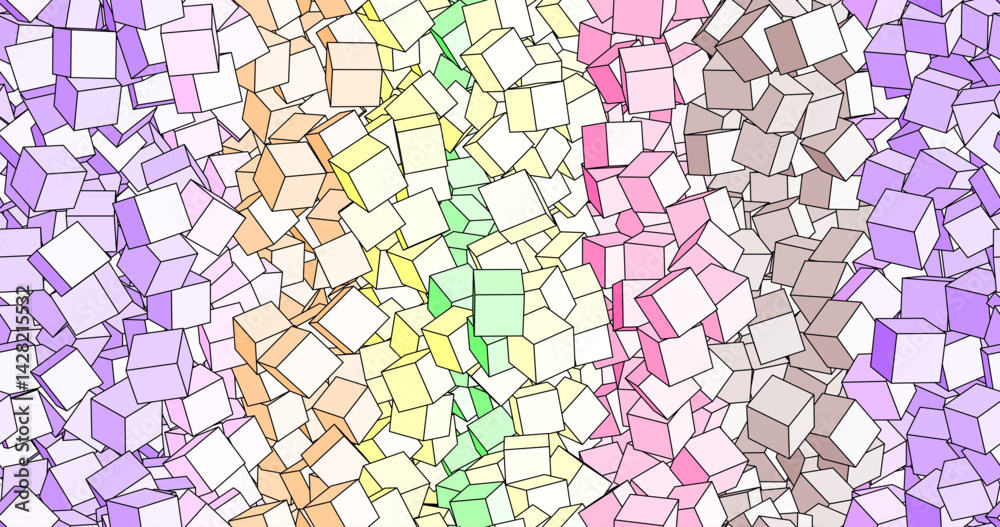 Seamless pattern of isometric cubes in pastel rainbow colors. The chaos effect is combined with soft color transitions. Style: geometry, pop art, minimalism. Seamless pattern of isometric cubes in pastel rainbow colors. The chaos effect is combined with soft color transitions. Style: geometry, pop art, minimalism.