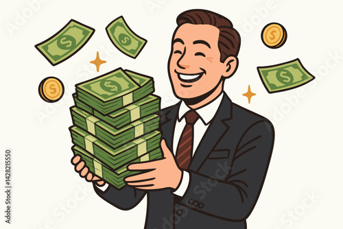 Successful Businessman Holding Stack of Cash Money Vector Illustration, Financial Success, Wealth Building Concept, Investment Profits, Economic Achievement, Corporate Prosperity