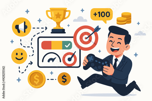 Gamification Business Success Vector Illustration with Businessman Playing Game Controller, Trophy, Target, Points, Progress Bar and Achievements, Colorful Flat Design for Marketing Strategy