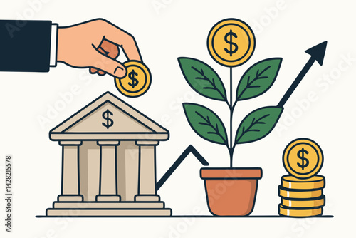 Smart Financial Growth Vector Illustration with Money Plant, Banking, and Investment Concept | Wealth Management Infographic | Finance Education Symbol | Business Growth Metaphor