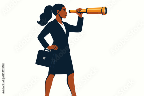 Professional Businesswoman with Telescope Looking Forward Minimalist Vector Illustration for Leadership Vision, Future Planning, Business Strategy and Corporate Foresight Concept