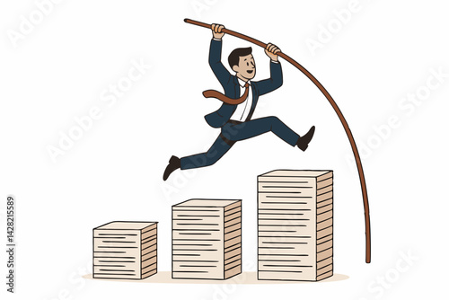 Business Achievement Vector Illustration: Energetic Businessman Pole Vaulting Over Rising Document Stacks, Metaphor for Overcoming Paperwork, Career Growth and Success in Corporate Challenge