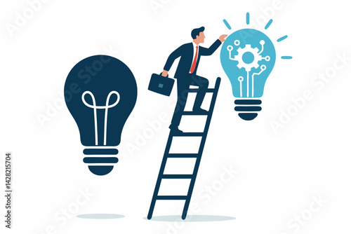 Business Professional Climbing Ladder to Innovation Success with Light Bulb Technology Concept Vector Illustration for Corporate Growth, Digital Transformation, and Creative Problem Solving Strategy