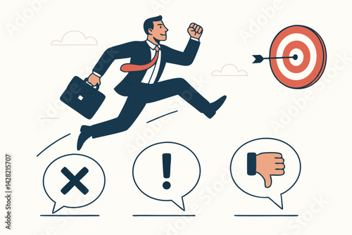 Determined Businessman Running Toward Success Target While Overcoming Negative Feedback, Achievement Business Concept Vector Illustration with Cross, Warning and Dislike Symbols, Corporate Excellence