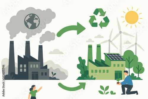 Environmental Transformation Concept Vector: Industrial Pollution to Green Energy Solutions with Sustainable Factory, Solar Panels, Wind Turbines, Recycling Symbol and Earth Conservation Illustration