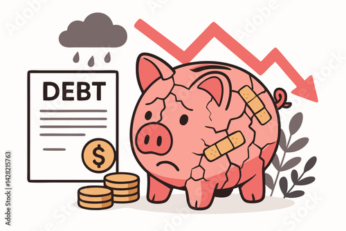 Financial Crisis Concept with Broken Piggy Bank, Debt Document and Declining Graph Line, Economic Hardship Illustration for Budget Problems, Money Concerns and Financial Recovery Vector Art