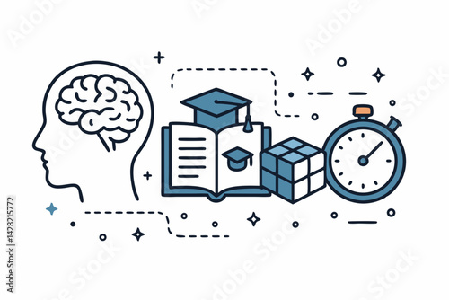 Modern Education Concept Vector: Cognitive Learning Process with Human Brain, Open Book, Graduation Cap, Puzzle Cube and Stopwatch, Academic Achievement Illustration for E-Learning Platforms