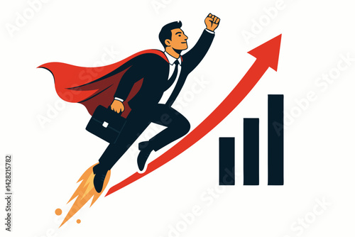 Superhero Businessman Flying Upward with Red Cape Along Rising Growth Chart, Business Success Concept Vector Illustration for Financial Achievement and Career Advancement