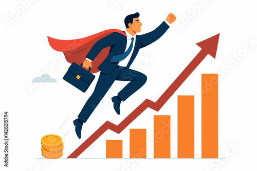 Business Growth Concept with Superhero Businessman Flying Upward Along Rising Financial Graph Chart with Fist Raised in Victory, Briefcase in Hand and Red Cape Flowing Against White Background