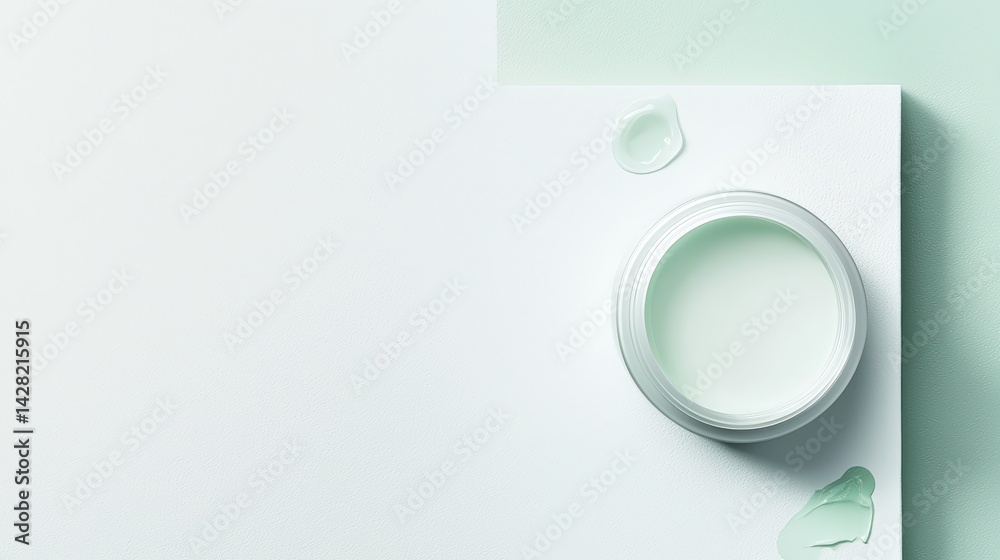 A skincare cream jar on a scroll white surface, surrounded by subtle pastel green elements, ample text space at the top. A skincare cream jar on a scroll white surface, surrounded by subtle pastel green elements, ample text space at the top.