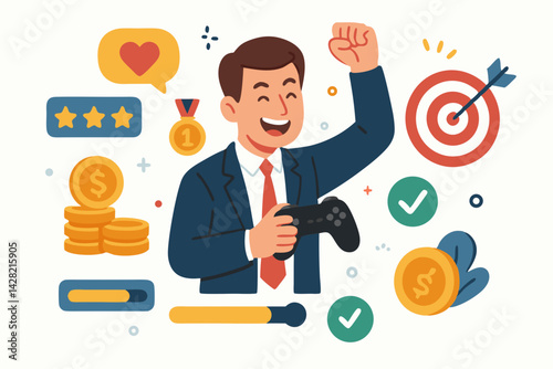 Gamification in Business Concept: Cheerful Businessman with Gaming Controller Celebrating Achievement Surrounded by Success Symbols, Medals, Targets, Ratings, and Monetary Rewards Vector Illustration