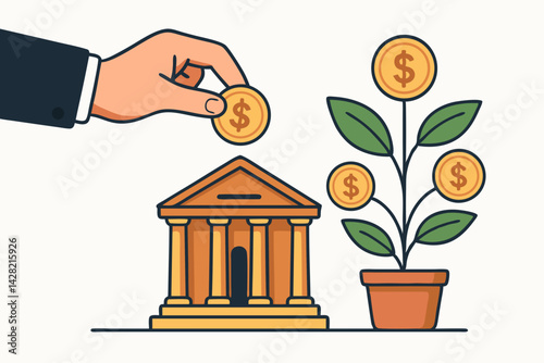 Financial investment concept illustration showing hand putting coin into bank, symbolizing saving and deposits, alongside a money plant representing growth, wealth, and returns.