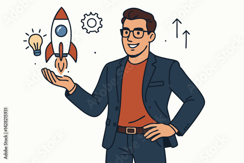 Startup launch concept vector illustration. Confident entrepreneur holding a rocket, symbolizing business growth, innovation ideas, and strategic planning for success. Upward arrows show progress.
