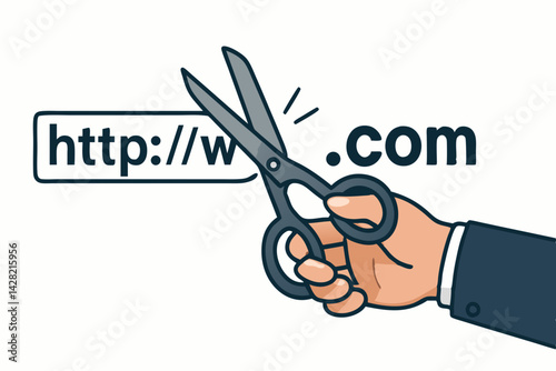 Businessman's hand holding scissors cutting a long HTTP web address, symbolizing URL shortening service, link optimization, and simplification for online marketing. Vector art.