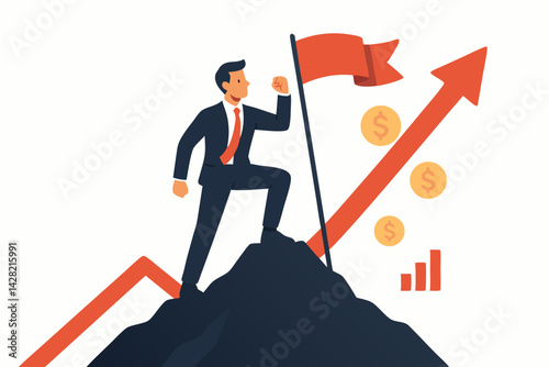 Ambitious businessman climbs mountain summit, plants flag for success. Vector illustration showing career achievement, financial growth with arrow graph, coins, and bar chart.
