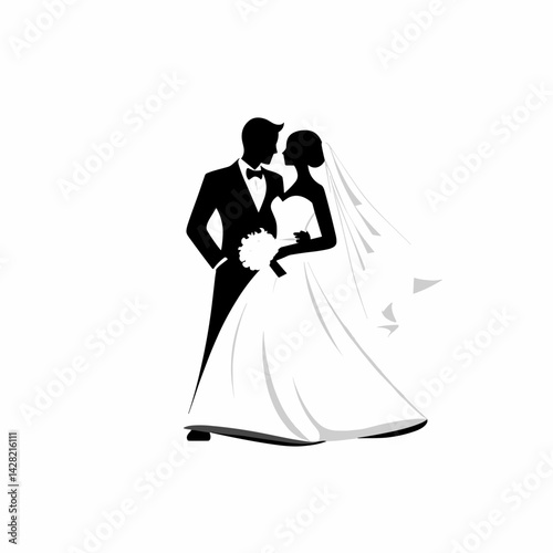 Elegant bride and groom embracing in a wedding illustration  