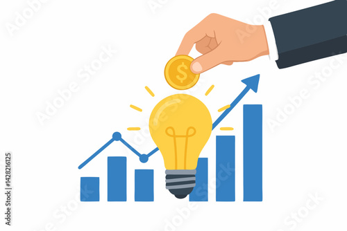 Investing for growth concept vector illustration. Businessman hand placing dollar coin into glowing lightbulb idea over rising financial bar chart, symbolizing innovation funding and profit increase.