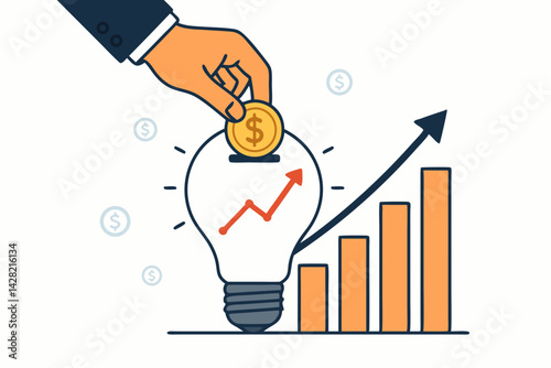 Investing in Innovation: Hand putting dollar coin in lightbulb with rising graph, symbolizing financial growth, profit, savings, and business success with upward bar chart.