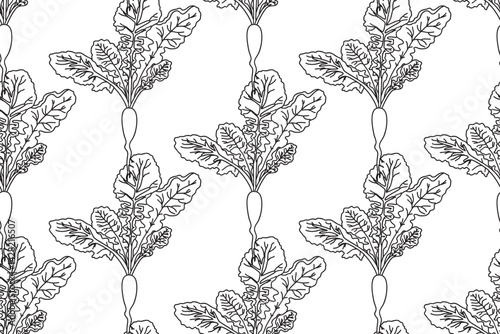 Line art seamless pattern with beets plants vector illustration. Hand drawn outline repeating vegetables pattern background. Graphic design for Cover Coloring Book Textile Fashion Print Card Birthday