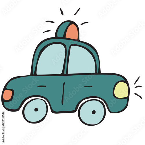 small children s police car with a red light on top and a siren, vector cute colored children s element in doodle style with black outline, delicate colors