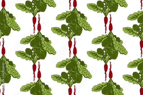 Botanical abstract seamless pattern with beets vector illustration.Colorful repeating cartoon green vegetables pattern in white color background. Graphic design for Fashion Cover Textile Birthday Card