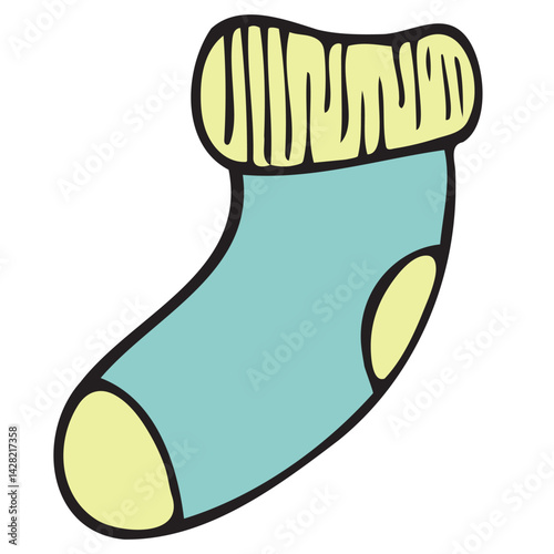 small warm baby sock for a child, vector cute colored children s element in doodle style with black outline, delicate colors