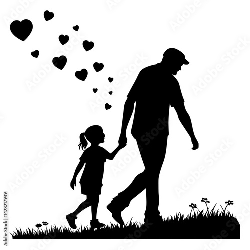 Father and Daughter Silhouette Vector – Tender Family Moment in Black and White