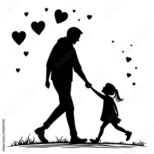 Father and Daughter Silhouette Vector – Tender Family Moment in Black and White